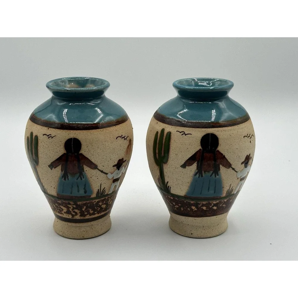 Vintage Mexican Pottery Vases Set 2 Hand Painted Desert Scene Saguaro 6in Mexico